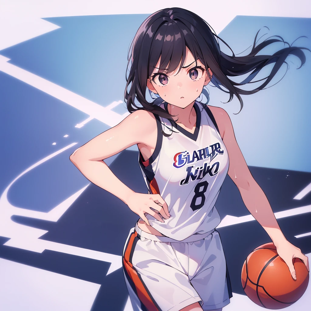 (((Highest quality, 8K, masterpiece: 1.3)), ((Highest quality)), ((masterpiece)), (detailed), Perfect Face, (Female professional basketball players), ((dribble)), At a basketball game, Shiny sweat, (Black Hair,) Serious eyes concentrating on the match, Show the whole body