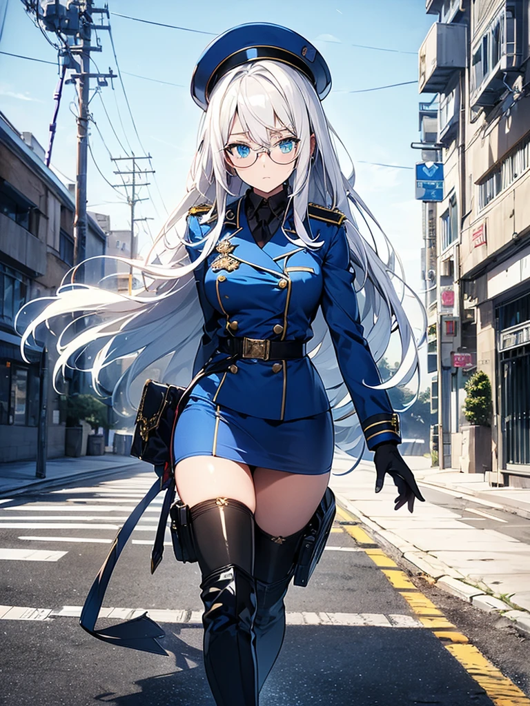 masterpiece, best quality, beautiful girl, white hair with blue inner color, emerald green eyes, dark blue military uniform, mature_female, eye_glasses, white gloves, anime, dark blue military hat, very_long_hair, perfect body, red ribbon, commander, science_fiction, black knee-high boots, white pencil skirt , cowboy_shot, best quality, large_breasts, ultra-detailed, high quality, modern military uniform, sci-fi, royal blue Trench Coat, one girl 