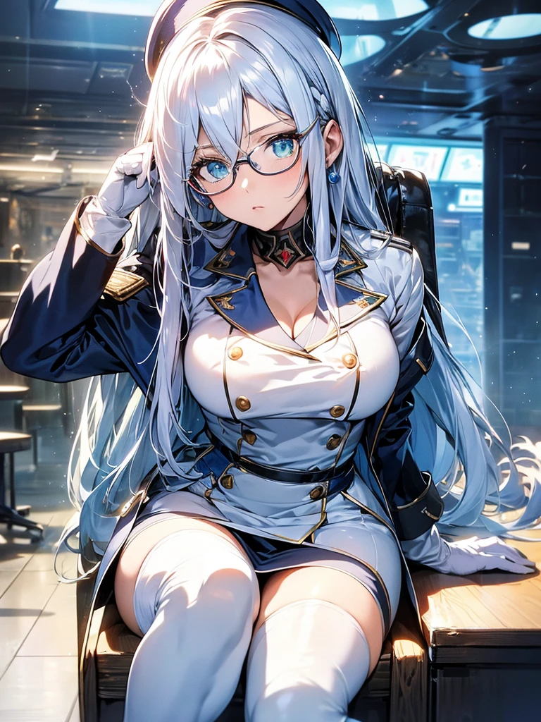 masterpiece, best quality, beautiful girl, white hair with blue inner color, emerald green eyes, dark blue military uniform, mature_female, eye_glasses, white gloves, anime, dark blue military hat, very_long_hair, perfect body, red ribbon, commander, science_fiction, black knee-high boots, white pencil skirt , cowboy_shot, best quality, large_breasts, ultra-detailed, high quality, modern military uniform, sci-fi, royal blue Trench Coat, one girl 