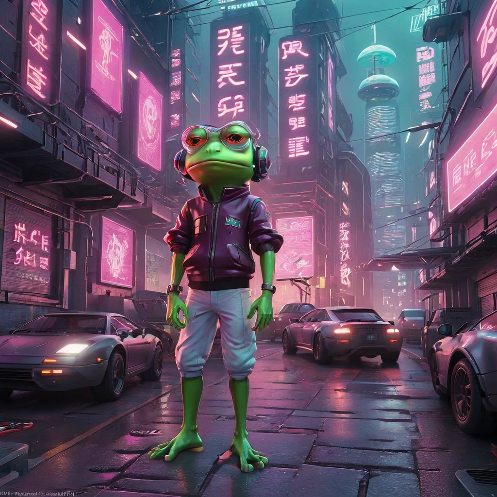 Crea una obra de arte digital de Pepe Frog en un entorno Cyberpunk. Pepe debería ser antropomorfizado, De pie sobre dos piernas y vistiendo un atuendo futurista completo con detalles de neón, cybernetic implants, y accesorios de alta tecnología. El fondo debería ser un bullicioso paisaje urbano Cyberpunk, lleno de letreros de neón, imponentes rascacielos, y vehículos voladores. La expresión de Pepe debe ser de fría confianza, encarnando el espíritu rebelde del género Cyberpunk. La paleta de colores debe ser rica y vibrante, con un enfoque en el blues neón, rosas, y morados. La obra de arte debe ser muy detallada., capturando los intrincados diseños del atuendo de Pepe y la complejidad del mundo Cyberpunk que lo rodea 