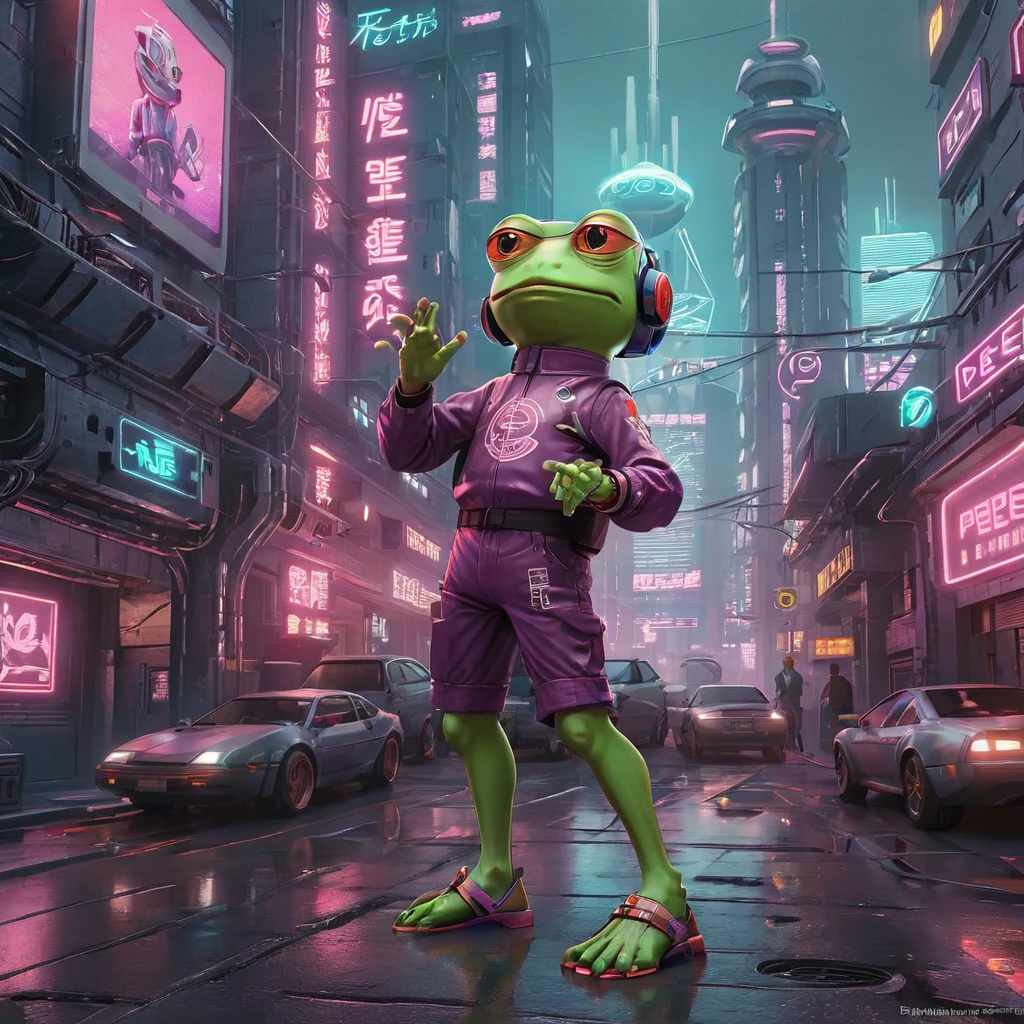 Crea una obra de arte digital de Pepe Frog en un entorno Cyberpunk. Pepe debería ser antropomorfizado, De pie sobre dos piernas y vistiendo un atuendo futurista completo con detalles de neón, cybernetic implants, y accesorios de alta tecnología. El fondo debería ser un bullicioso paisaje urbano Cyberpunk, lleno de letreros de neón, imponentes rascacielos, y vehículos voladores. La expresión de Pepe debe ser de fría confianza, encarnando el espíritu rebelde del género Cyberpunk. La paleta de colores debe ser rica y vibrante, con un enfoque en el blues neón, rosas, y morados. La obra de arte debe ser muy detallada., capturando los intrincados diseños del atuendo de Pepe y la complejidad del mundo Cyberpunk que lo rodea 