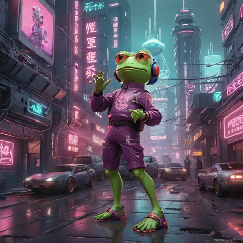 Create a digital artwork of Pepe Frog in a Cyberpunk setting. Pepe should be anthropomorphized, standing on two legs and wearing...