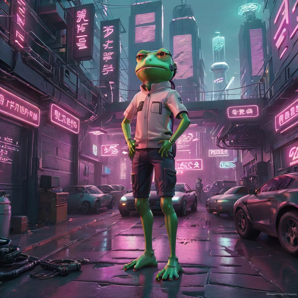 Crea una obra de arte digital de Pepe Frog en un entorno Cyberpunk. Pepe debería ser antropomorfizado, De pie sobre dos piernas y vistiendo un atuendo futurista completo con detalles de neón, cybernetic implants, y accesorios de alta tecnología. El fondo debería ser un bullicioso paisaje urbano Cyberpunk, lleno de letreros de neón, imponentes rascacielos, y vehículos voladores. La expresión de Pepe debe ser de fría confianza, encarnando el espíritu rebelde del género Cyberpunk. La paleta de colores debe ser rica y vibrante, con un enfoque en el blues neón, rosas, y morados. La obra de arte debe ser muy detallada., capturando los intrincados diseños del atuendo de Pepe y la complejidad del mundo Cyberpunk que lo rodea 