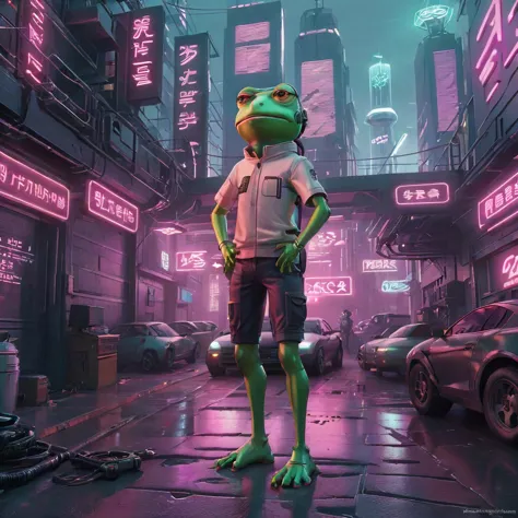 Create a digital artwork of Pepe Frog in a Cyberpunk setting. Pepe should be anthropomorphized, standing on two legs and wearing...