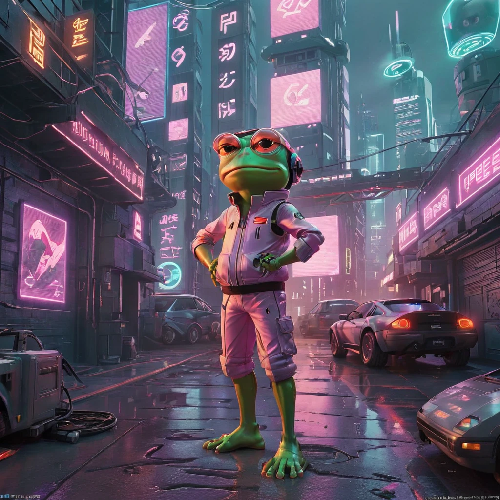 Crea una obra de arte digital de Pepe Frog en un entorno Cyberpunk. Pepe debería ser antropomorfizado, De pie sobre dos piernas y vistiendo un atuendo futurista completo con detalles de neón, cybernetic implants, y accesorios de alta tecnología. El fondo debería ser un bullicioso paisaje urbano Cyberpunk, lleno de letreros de neón, imponentes rascacielos, y vehículos voladores. La expresión de Pepe debe ser de fría confianza, encarnando el espíritu rebelde del género Cyberpunk. La paleta de colores debe ser rica y vibrante, con un enfoque en el blues neón, rosas, y morados. La obra de arte debe ser muy detallada., capturando los intrincados diseños del atuendo de Pepe y la complejidad del mundo Cyberpunk que lo rodea 