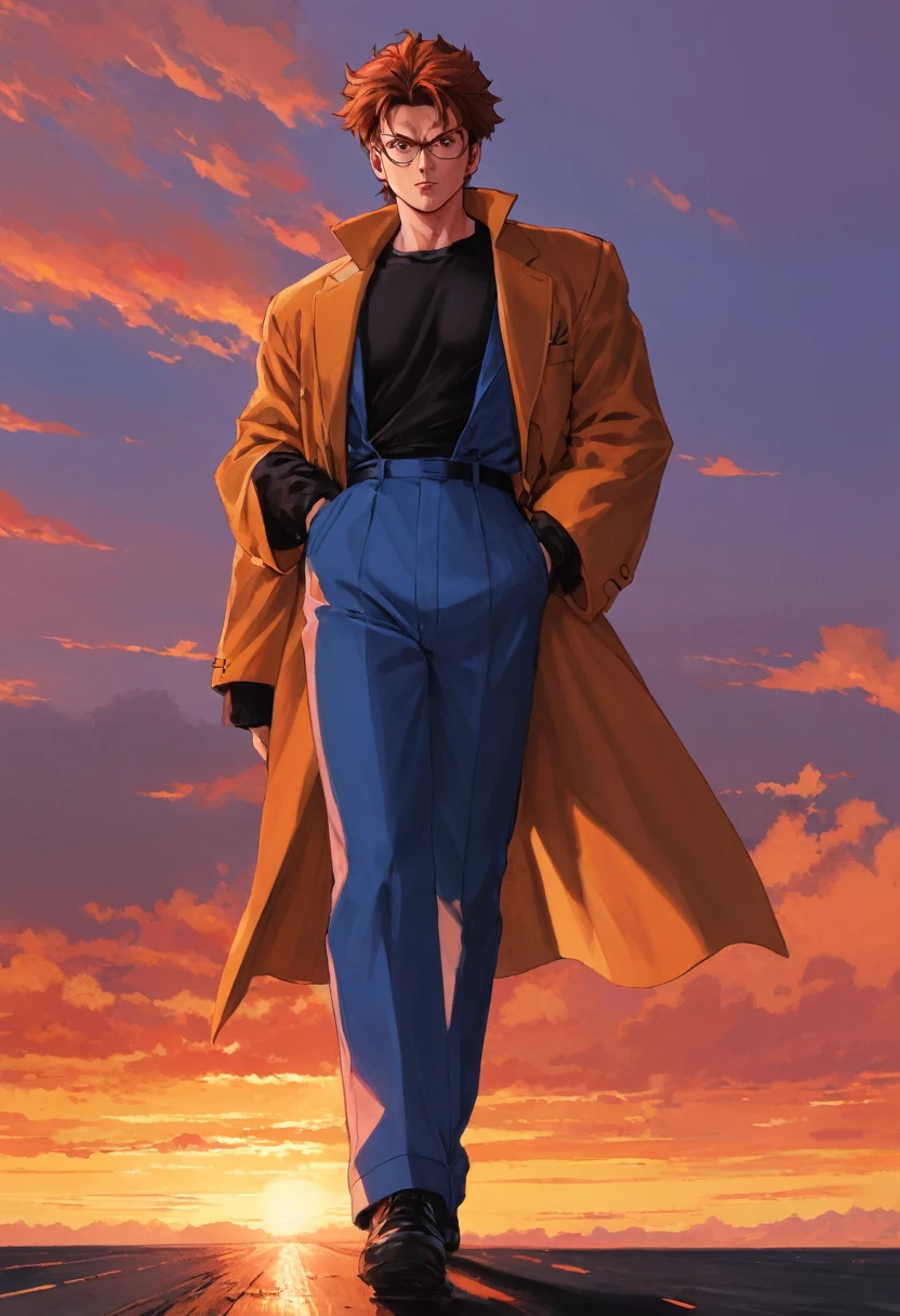 absurd, epic, formidable, Yusuke Urameshi, Kazuma Kuwabara, Hiei, Kurama (YuYu Hakusho) walking like bosses, orange sky, cinematic sunset, dramatic, battle stage, masterpiece, 1990s anime, full body, RAW 8K,