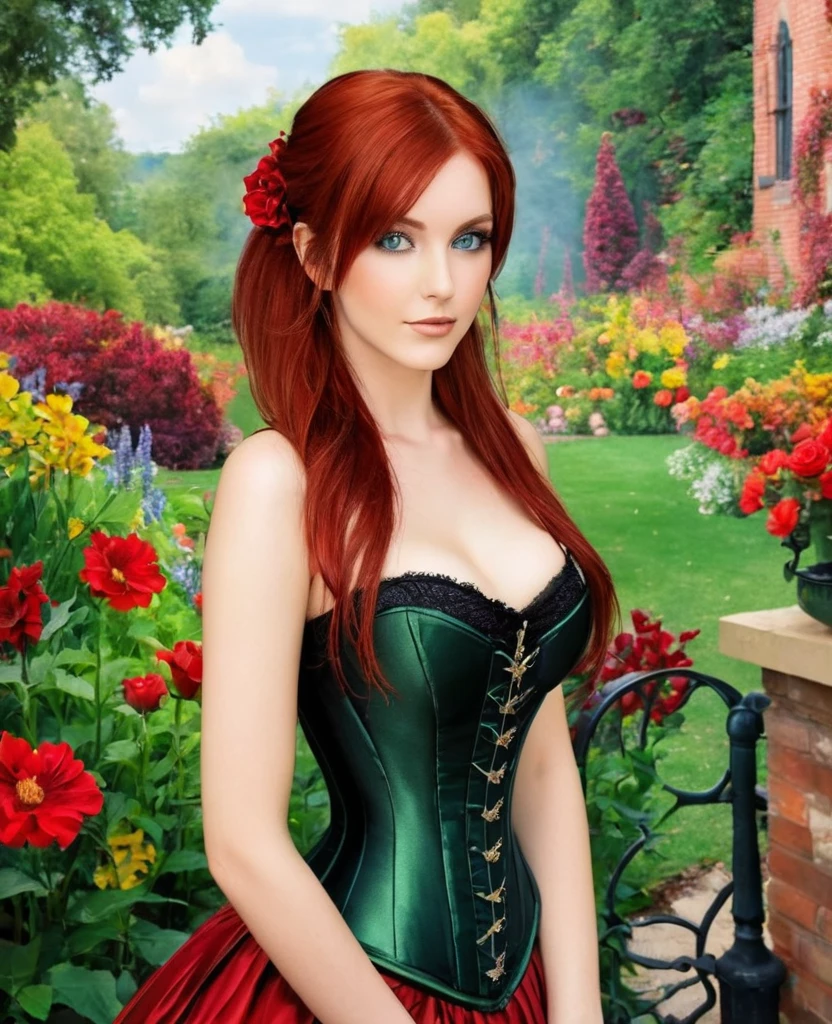 beautiful 20 years old, Red hair, green eyes, enormous , Black and red corset, The background is a Victorian bedroom overlooking a flower garden.