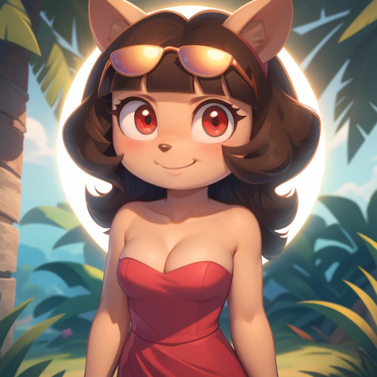 Dora the explorer, young adult, strapless tight dress, cleavage, curly hair, halo, sunglasses, jewelry, red eyes, longeyelashes, red eyes, smile, shy, blush, high detail, masterpiece, UHD, anatomically correct, super detail, highres, 4K