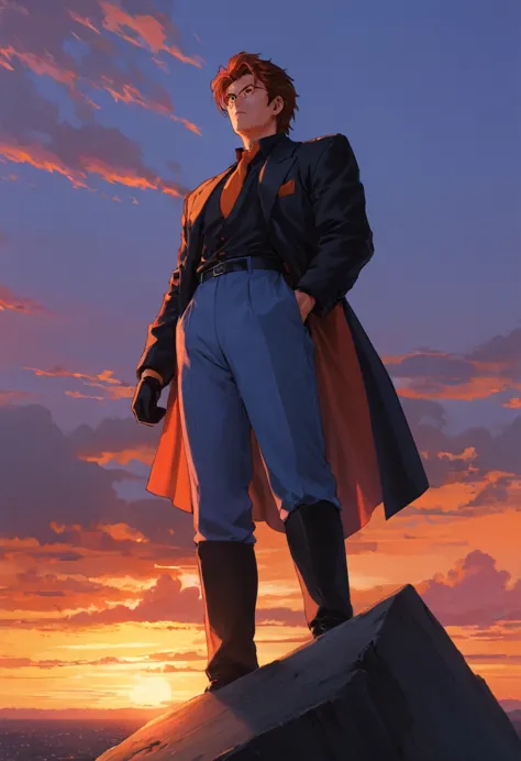 absurd, epic, formidable, Kazuma Kuwabara, like boss, orange sky, looking to the horizon, cinematic sunset, dramatic, battle sta...