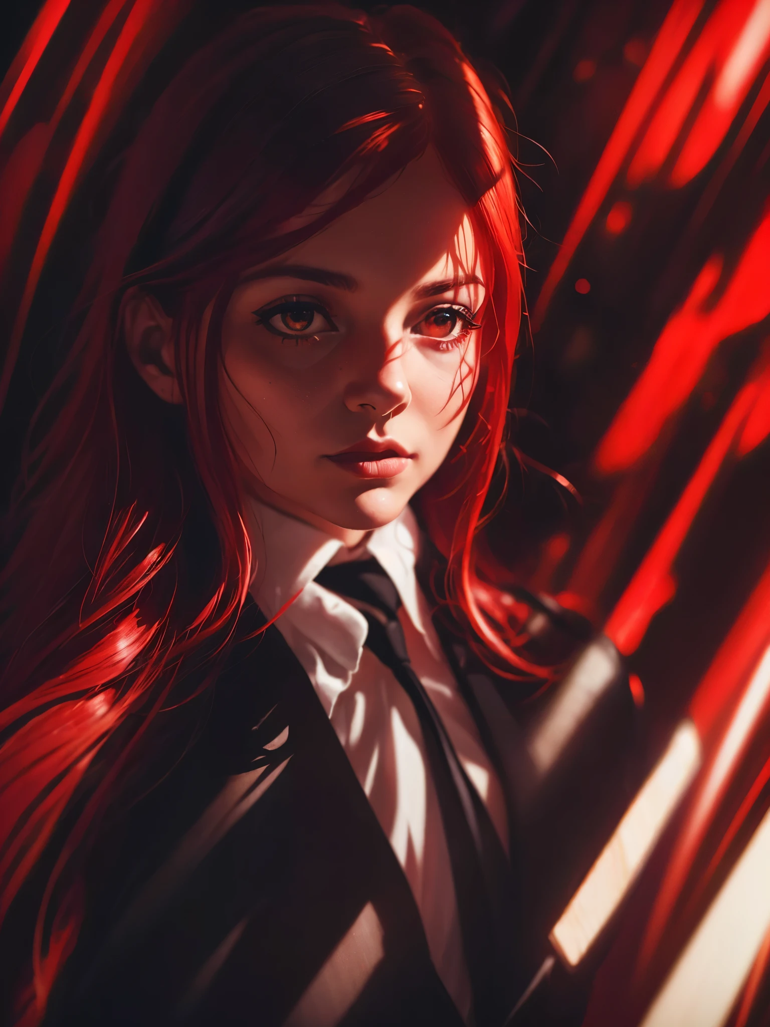 a detective women, open eyes, red hair, 1girl, solo (aesthetic:1.2) detailed girl, vibrant red, (BOKEH) old ondustrial london background, (pov) engaging perspective, captivating gaze, (deep, immersive) steam ambiance, (artistically) blurred foreground, (dramatic) atmosphere, mist, (secretive) mystical encounter, black tie, white shirt, ((full body)), demon horn