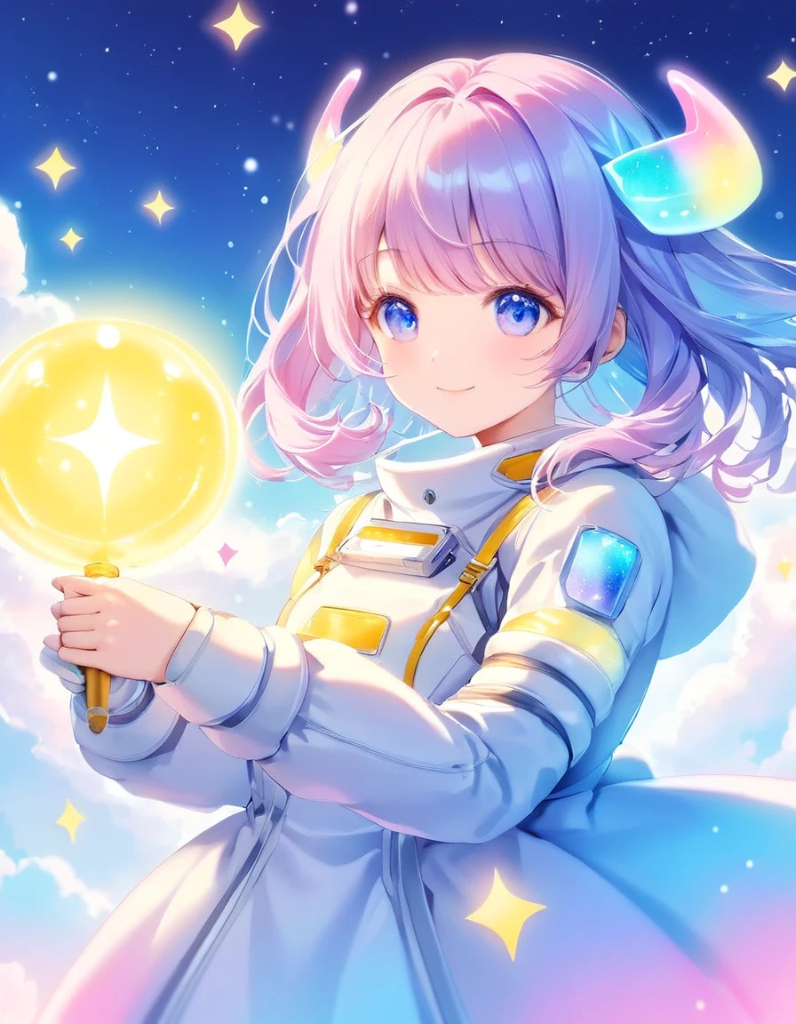 dynamic angle, (close up face), smile, UFO Magical Girl paints a futuristic world where science and magic intertwine. The girl, dressed in a spacesuit-style dress, holds a glowing magic wand. Around her, colorful UFOs fly around, each one moving with her magic and occasionally emitting particles of light.