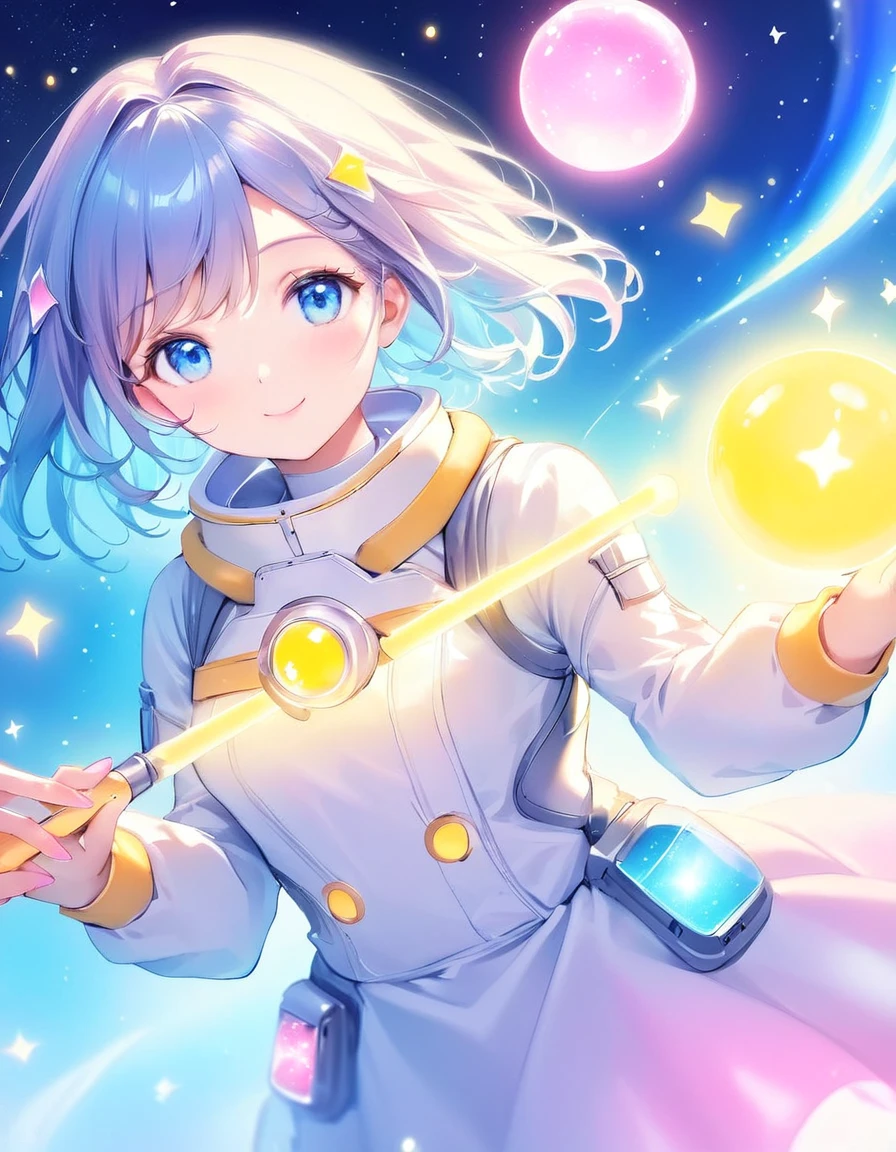 dynamic angle, (close up face), smile, UFO Magical Girl paints a futuristic world where science and magic intertwine. The girl, dressed in a spacesuit-style dress, holds a glowing magic wand. Around her, colorful UFOs fly around, each one moving with her magic and occasionally emitting particles of light.