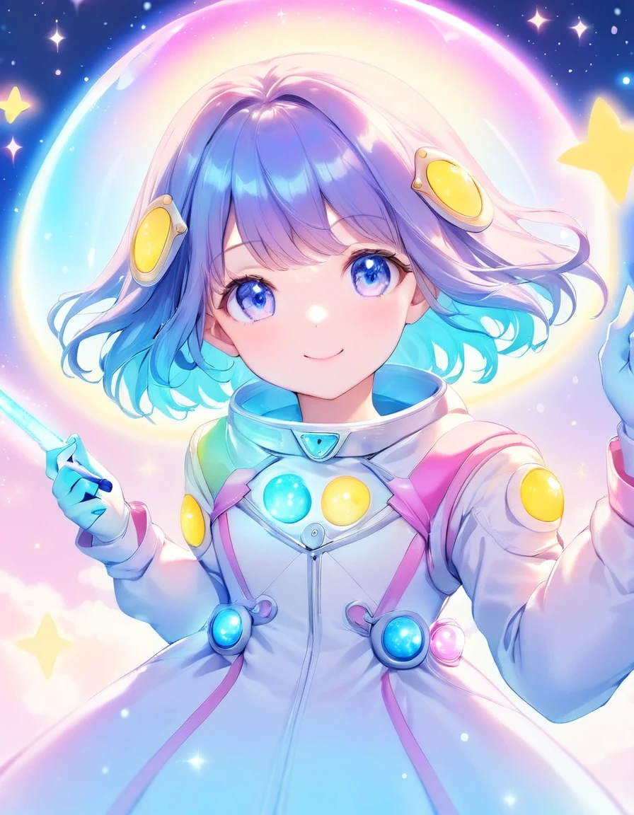 dynamic angle, (close up face), smile, UFO Magical Girl paints a futuristic world where science and magic intertwine. The girl, dressed in a spacesuit-style dress, holds a glowing magic wand. Around her, colorful UFOs fly around, each one moving with her magic and occasionally emitting particles of light.