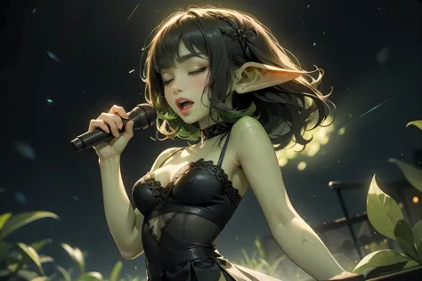 ((best quality)), ((masterpiece)), (detailed), perfect face, ((green skin)), pointy ears, tiny breasts, wearing black rimmed gla...