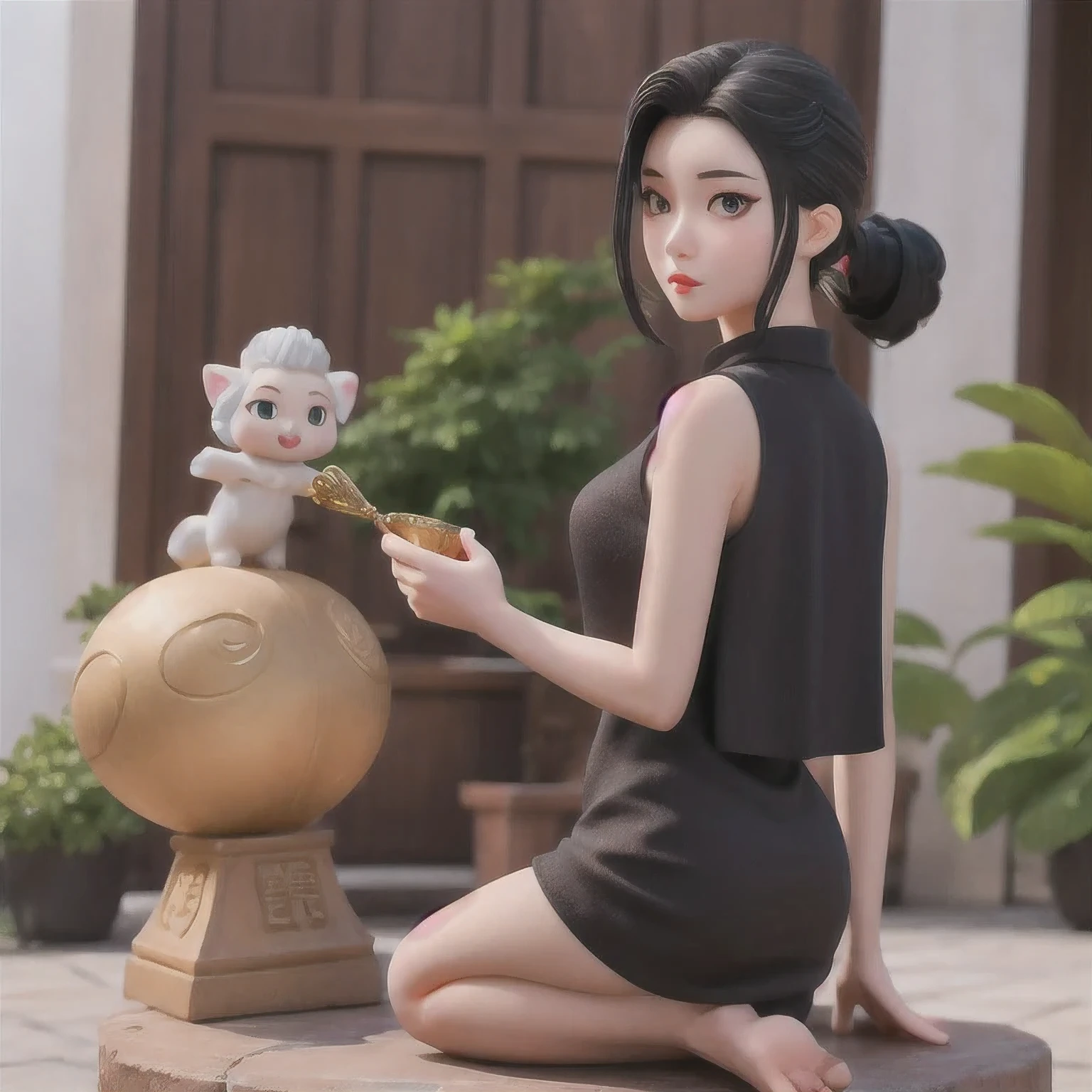 A girl in a 紫粉色 dress poses for a photo, Sleek black hair, Hair tied into a sleek low ponytail, Comb your hair back, 短Comb your hair back, She wears a black vest, 2 4-year-old female model, Very purple pink short Comb your hair back, Slicked-back hair, 19-year-old French girl, 1 girl, solo，a girl in a black dress posing for a picture, slicked black hair, hair in slick low ponytail, slicked-back hair, short slicked - back hair, she is wearing a purple tank top, 19 year old female model, very short slicked - back hair, slicked back hair, 19-year-old french girl，statue of a woman sitting in a lotus position with her hands in the air, extremely detailed goddess shot, Fan Bingbing of the southern seas, g Fan Bingbing, gilded lotus princess, goddess. extremely high detail, unreal engine render + a goddess, ancient Zhou Dongyu goddess, by Yang J, goddess of love and peace, a beautiful fantasy empress, beautiful digital artwork, 1 girl, solo