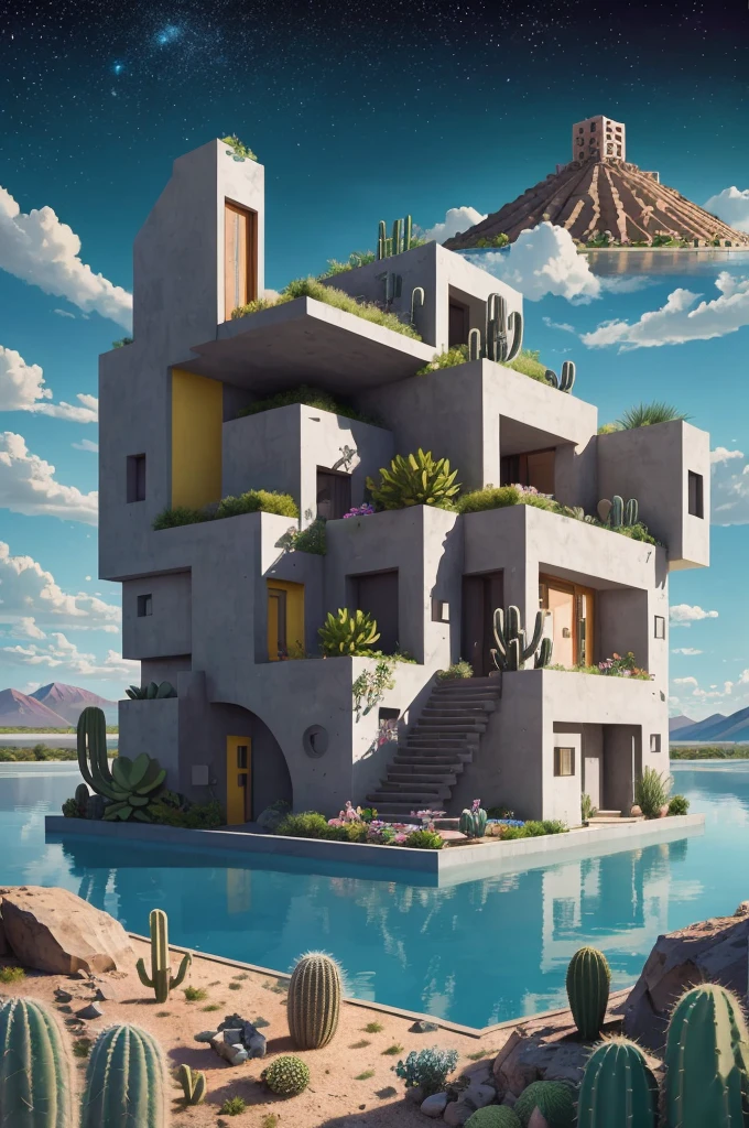 An illustration, collage style, David Hockney visual style, (((Luis Barragán's architectural style houses in middle of a lake))), big boulders, little cascade, mountains, volcanos, volcanic landscape, pool, stairs, beautiful gardens, abundant vegetation, cacti, agave, big clouds, sunset. Magazine cover, serif tipography, editorial design, masterpiece, An illustration in collage style, con rocas gigantes, Brutalist construction sections, escaleras, cactus, agave, textura de concreto, Multiple geometric shapes, hatch and cross hatching, planeta Saturno. ((masterpiece, best quality)),illustration,ultra detailed 8k. (((An illustration of a build designed by Luis Barragán))), with a desertic vegetation garden, (big rocks), ((cacti)), lake, volcano in horizon, smooth clouds, (((illustration collage format))), ((Escher's art style)), (((multiple sections))), (violet, blue, olive green, grey, black and white), hard shadows, (((geometric sculptures))), concrete sculptures, high contrast, dramatic, cinematographic, ((milky way galaxy)), intricate, intricate details, sharp focus,landscape