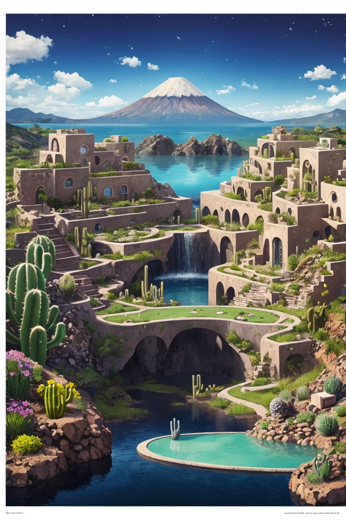 An illustration, collage style, David Hockney visual style, (((Luis Barragán's architectural style houses in middle of a lake))), big boulders, little cascade, mountains, volcanos, volcanic landscape, pool, stairs, beautiful gardens, abundant vegetation, cacti, agave, big clouds, sunset. Magazine cover, serif tipography, editorial design, masterpiece, An illustration in collage style, con rocas gigantes, Brutalist construction sections, escaleras, cactus, agave, textura de concreto, Multiple geometric shapes, hatch and cross hatching, planeta Saturno. ((masterpiece, best quality)),illustration,ultra detailed 8k. (((An illustration of a build designed by Luis Barragán))), with a desertic vegetation garden, (big rocks), ((cacti)), lake, volcano in horizon, smooth clouds, (((illustration collage format))), ((Escher's art style)), (((multiple sections))), (violet, blue, olive green, grey, black and white), hard shadows, (((geometric sculptures))), concrete sculptures, high contrast, dramatic, cinematographic, ((milky way galaxy)), intricate, intricate details, sharp focus,landscape