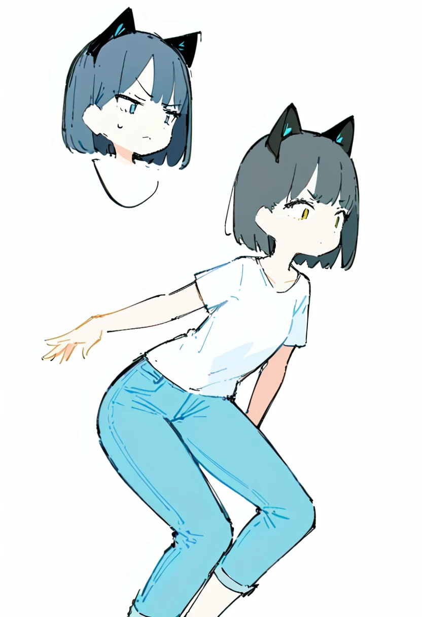 (((Dynamic pose))),((Sad expression)) , ((masterpiece)),(((Highest quality))),(sketch),((Girls in their 20s)),Short black hair,Black cat ears,T-Shirts,jeans