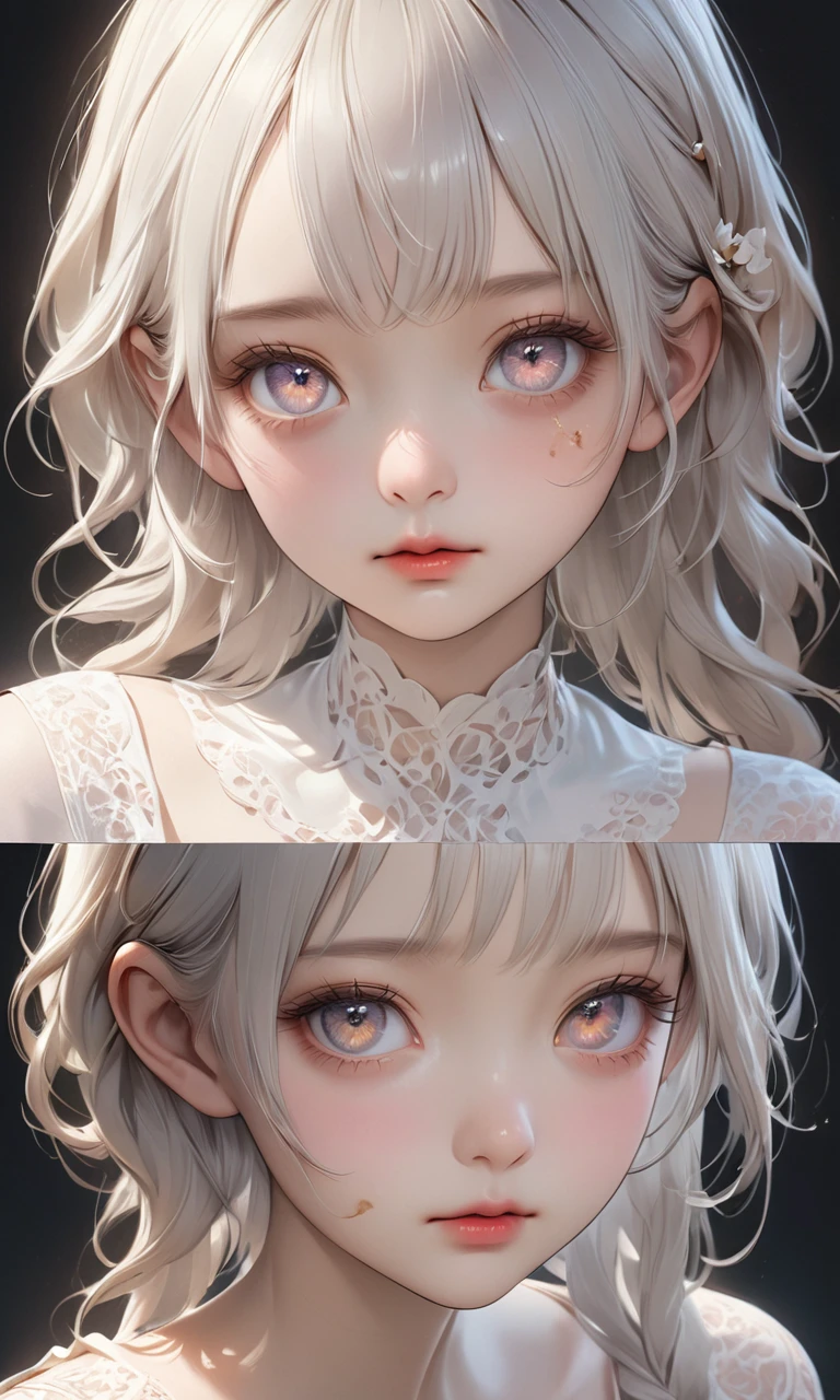 una niña pequeña con pelo blanco, ojos color miel, una expresión ingenua, y ligeras cicatrices en su cuerpo, retrato de cuerpo completo, fondo en blanco, múltiples ángulos, (mejor calidad,4k,8K,alta resolución,obra maestra:1.2),ultra detallado,(Realista,photoRealista,photo-Realista:1.37),rasgos faciales detallados, hermosos ojos detallados, hermosos labios detallados, ojos y rostro extremadamente detallados, Pestañas largas, piel de porcelana, facciones delicadas, expresión serena, pacífico, pose elegante, iluminación suave, colores apagados, etéreo, de ensueño