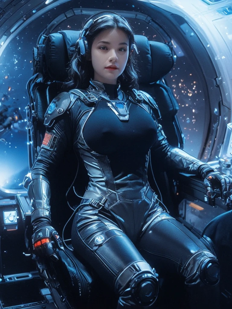 a sexy woman in a space suit sitting in a space station, gigantic breasts, beautiful woman in spacesuit, in a scifi movie, sci - fi pilot, scifi woman, sci-fi female, clothed in sci-fi military armor, on a spaceship, powerful woman sitting in space, fully space suited, in a spaceship, in spacesuit, sci - fi suit, futuristic starship crew member