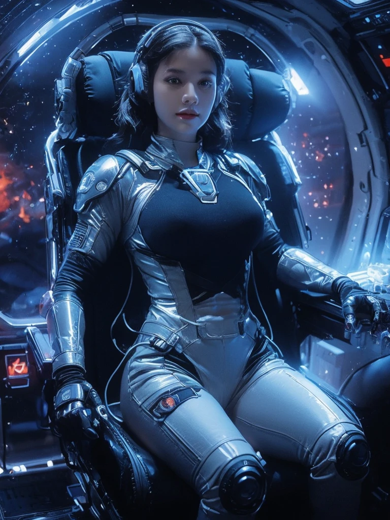 a sexy woman in a space suit sitting in a space station, gigantic breasts, beautiful woman in spacesuit, in a scifi movie, sci - fi pilot, scifi woman, sci-fi female, clothed in sci-fi military armor, on a spaceship, powerful woman sitting in space, fully space suited, in a spaceship, in spacesuit, sci - fi suit, futuristic starship crew member