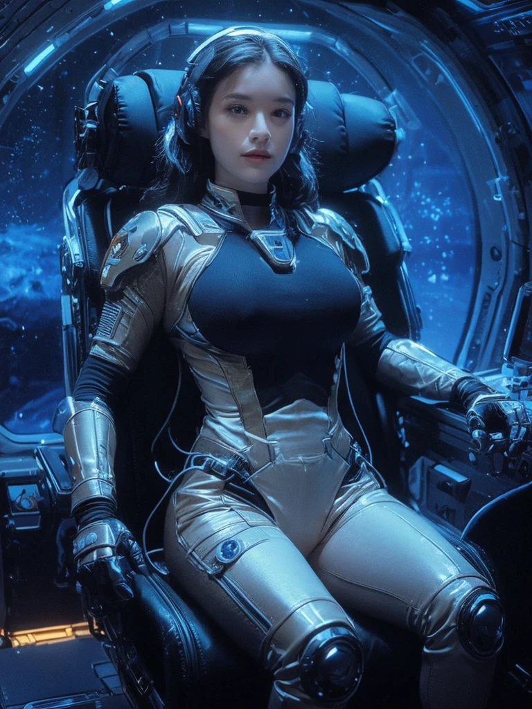 a sexy woman in a space suit sitting in a space station, gigantic breasts, beautiful woman in spacesuit, in a scifi movie, sci - fi pilot, scifi woman, sci-fi female, clothed in sci-fi military armor, on a spaceship, powerful woman sitting in space, fully space suited, in a spaceship, in spacesuit, sci - fi suit, futuristic starship crew member