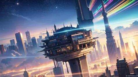 imagine a city suspended in the air, with buildings that defy gravity, connected by bridges of light and surrounded by iridescen...