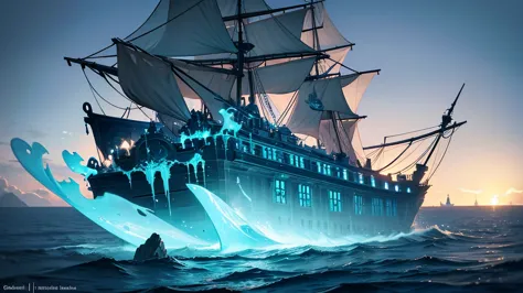 a vast sea of glass where ghost ships sail silently, guided by water spirits and luminescent creatures beneath the surface.