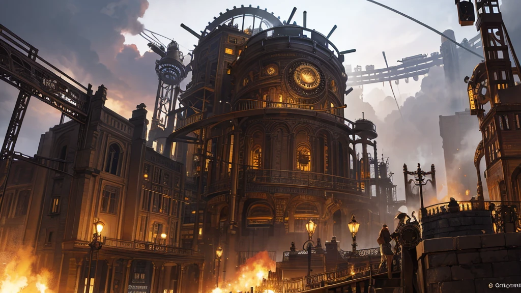 Steampunk world with gears and steam-powered machinery