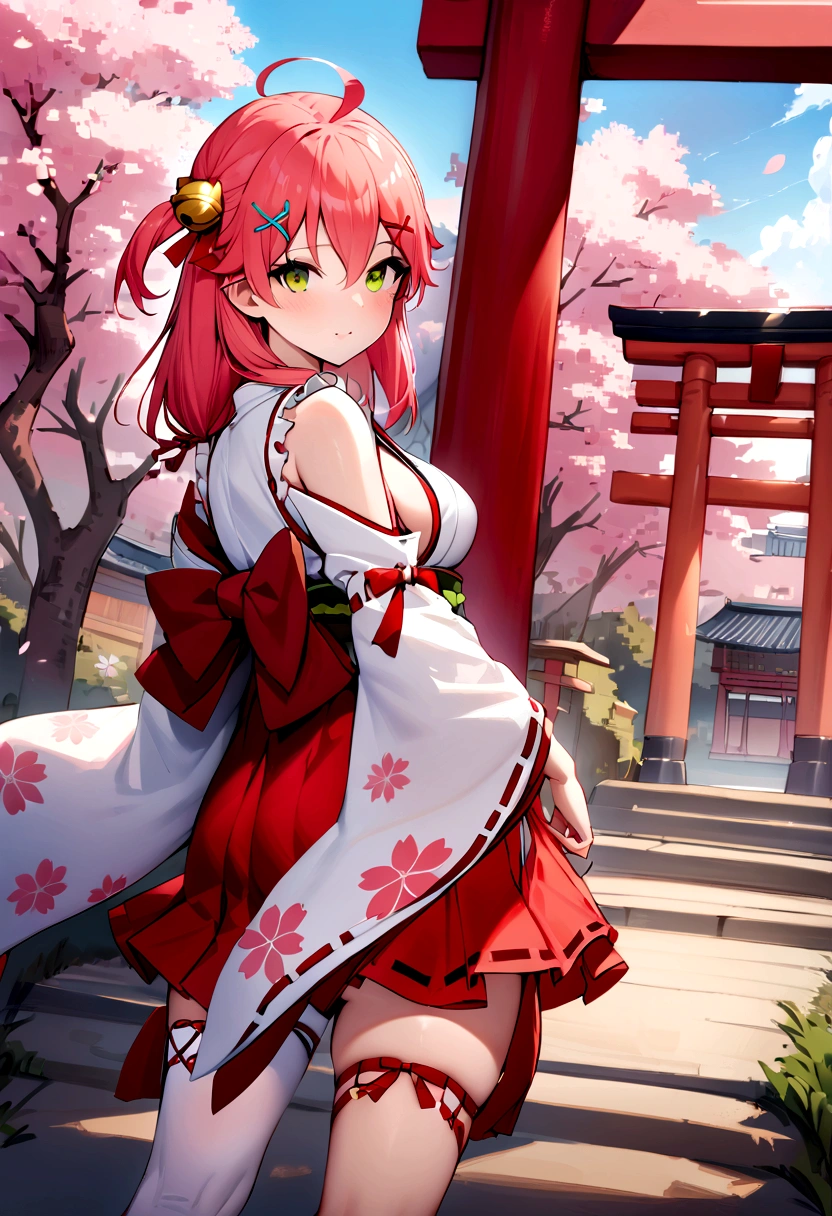 ((masterpiece,best quality)),1girls, cherry blossoms, day, flower, japanese clothes, looking at viewer, looking back, outdoors, standing, torii, tree, miko1, sakura miko, green eyes, solo, ahoge, x hair ornament, pink hair, single thighhigh, sideboob, hairclip, hair bell, floral print, long hair, hair between eyes, one side up, white thighhighs, asymmetrical legwear, wide sleeves