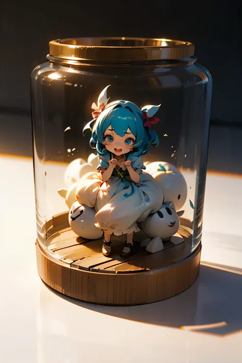 3d-illustration of a very cute girl figure in a jar, masterpiece((must)), palm-sized, cute, the face is dense((must))