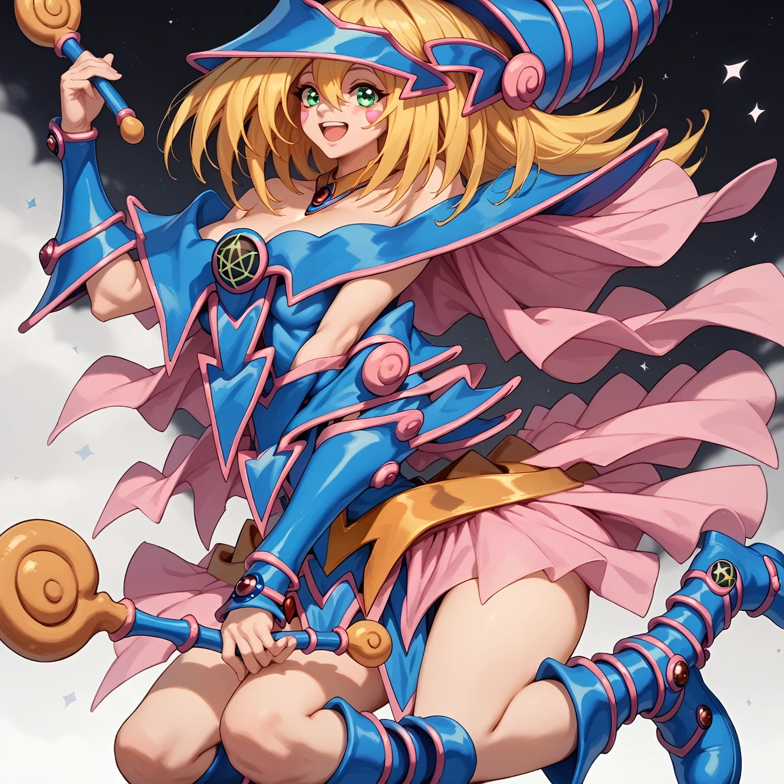 smile,Open your mouth,
alone,
Dark Magician Girl,One girl,Blonde,Brush Sticker,Green Eyes,
Wizard&#39;s Hat,
choker,
Bare shoulders,Cleavage,Capelet,dress,See-through,
Pink Skirt,
Blue footwear,boots,