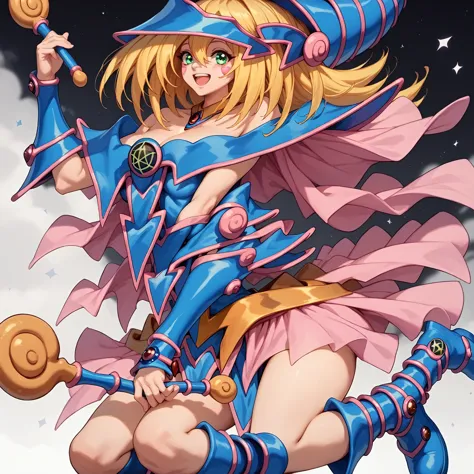 smile,open your mouth,
alone,
dark magician girl,one girl,blonde,brush sticker,green eyes,
wizard&#39;s hat,
choker,
bare should...