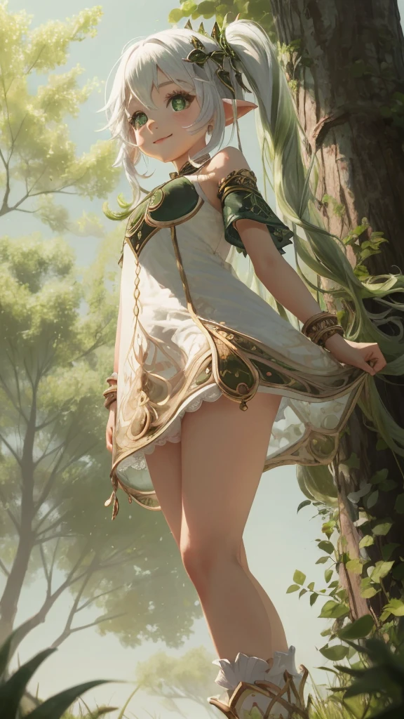 masterpiece, nahidadef, loli, standing, shiny skin, panty pulling, smile, looking at viewer, tree, (from below:1.2), cinematic lighting,