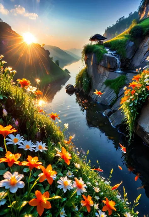 the first rays of sunlight in the morning，cliff，slopes，dew drops on beautiful flowers，(sunrise)，goldfish in the sky，beautiful pi...