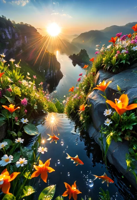 the first rays of sunlight in the morning，cliff，slopes，dew drops on beautiful flowers，(sunrise)，goldfish in the sky，beautiful pi...