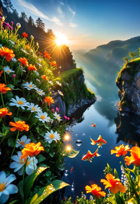 the first rays of sunlight in the morning，cliff，slopes，dew drops on beautiful flowers，(sunrise)，goldfish in the sky，beautiful pi...