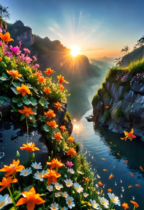 the first rays of sunlight in the morning，cliff，slopes，dew drops on beautiful flowers，(sunrise)，goldfish in the sky，beautiful pi...