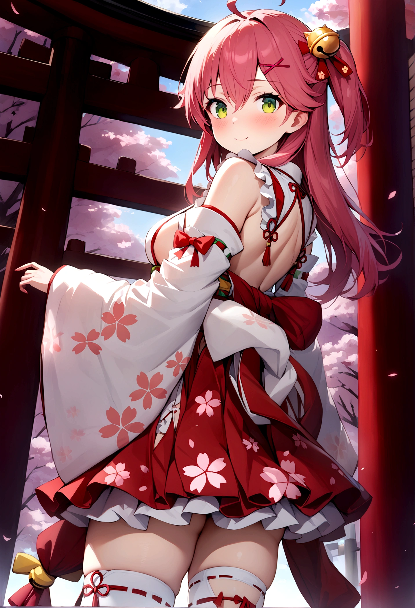 ((masterpiece,best quality)),1girls, cherry blossoms, day, flower, japanese clothes, looking at viewer, looking back, outdoors, standing, torii, tree, miko1, sakura miko, green eyes, solo, ahoge, x hair ornament, pink hair, single thighhigh, sideboob, hairclip, hair bell, floral print, long hair, hair between eyes, one side up, white thighhighs, asymmetrical legwear, wide sleeves