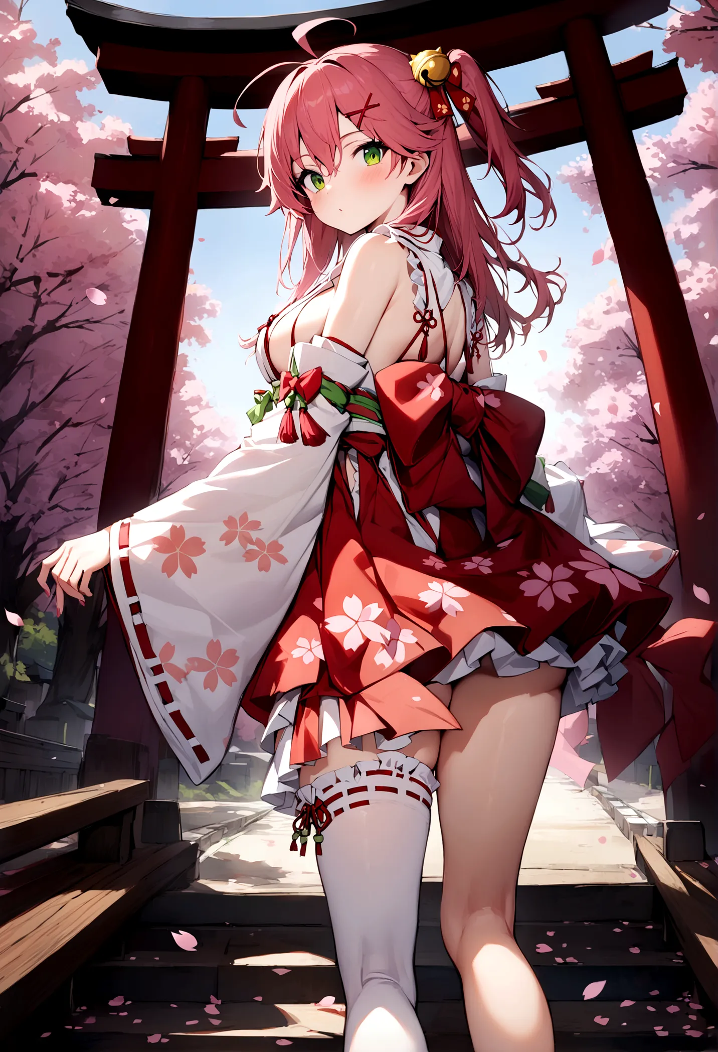 ((masterpiece,best quality)),1girls, cherry blossoms, day, flower, japanese clothes, looking at viewer, looking back, outdoors, ...