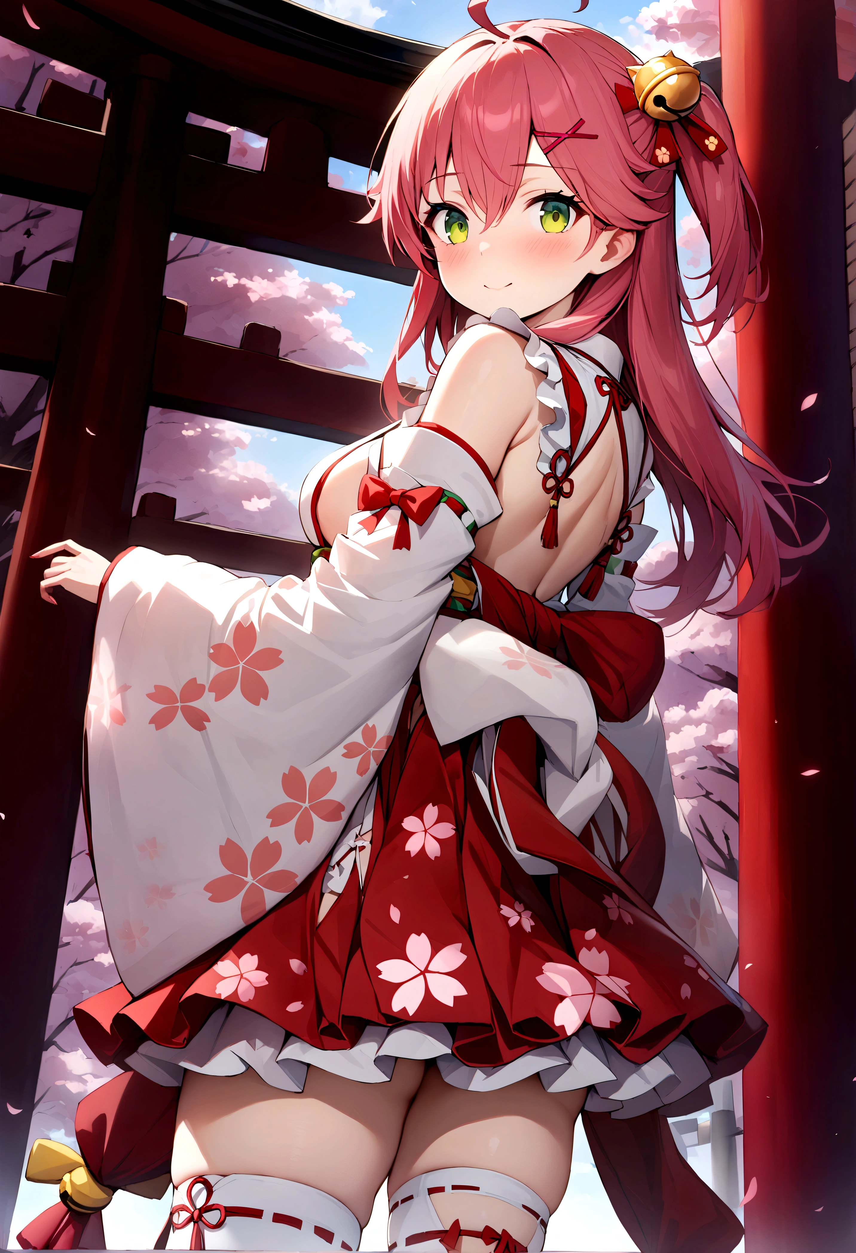 ((masterpiece,best quality)),1girls, cherry blossoms, day, flower, japanese clothes, looking at viewer, looking back, outdoors, standing, torii, tree, miko1, sakura miko, green eyes, solo, ahoge, x hair ornament, pink hair, single thighhigh, sideboob, hairclip, hair bell, floral print, long hair, hair between eyes, one side up, white thighhighs, asymmetrical legwear, wide sleeves