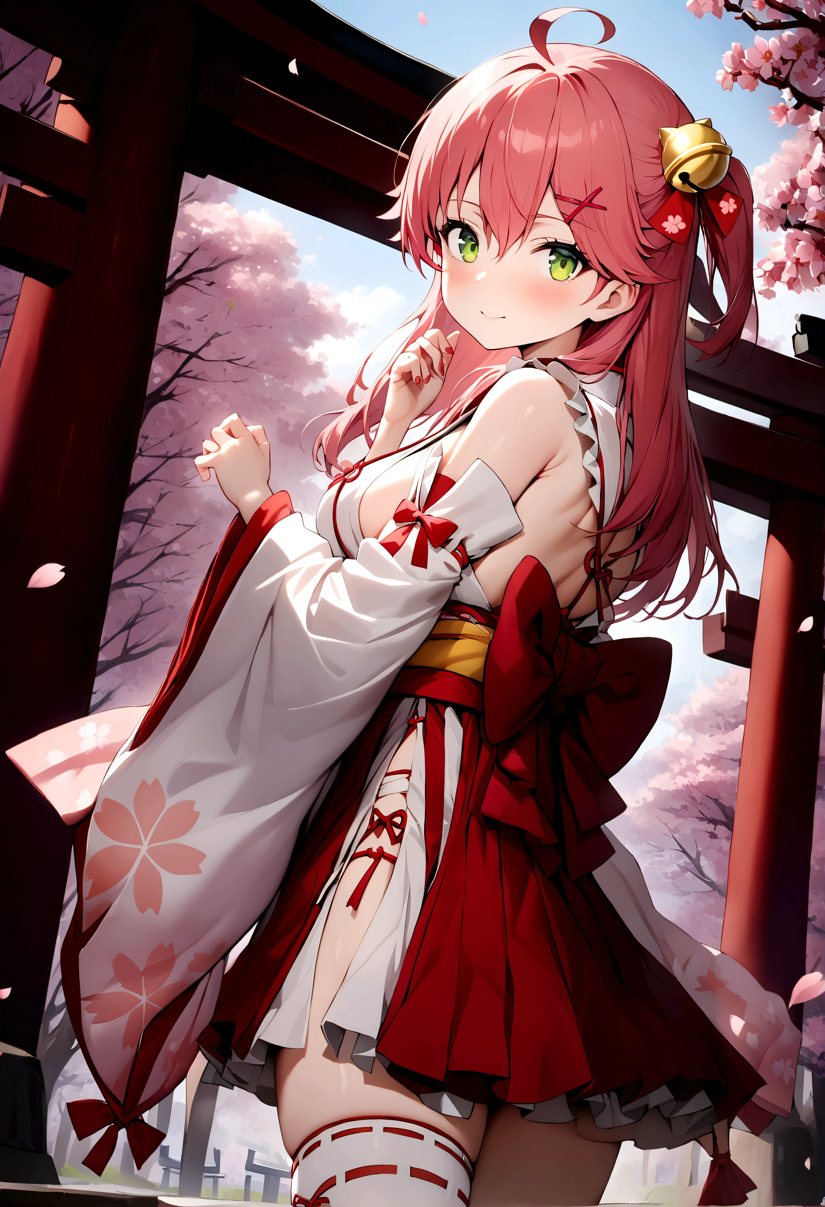 ((masterpiece,best quality)),1girls, cherry blossoms, day, flower, japanese clothes, looking at viewer, looking back, outdoors, standing, torii, tree, miko1, sakura miko, green eyes, solo, ahoge, x hair ornament, pink hair, single thighhigh, sideboob, hairclip, hair bell, floral print, long hair, hair between eyes, one side up, white thighhighs, asymmetrical legwear, wide sleeves