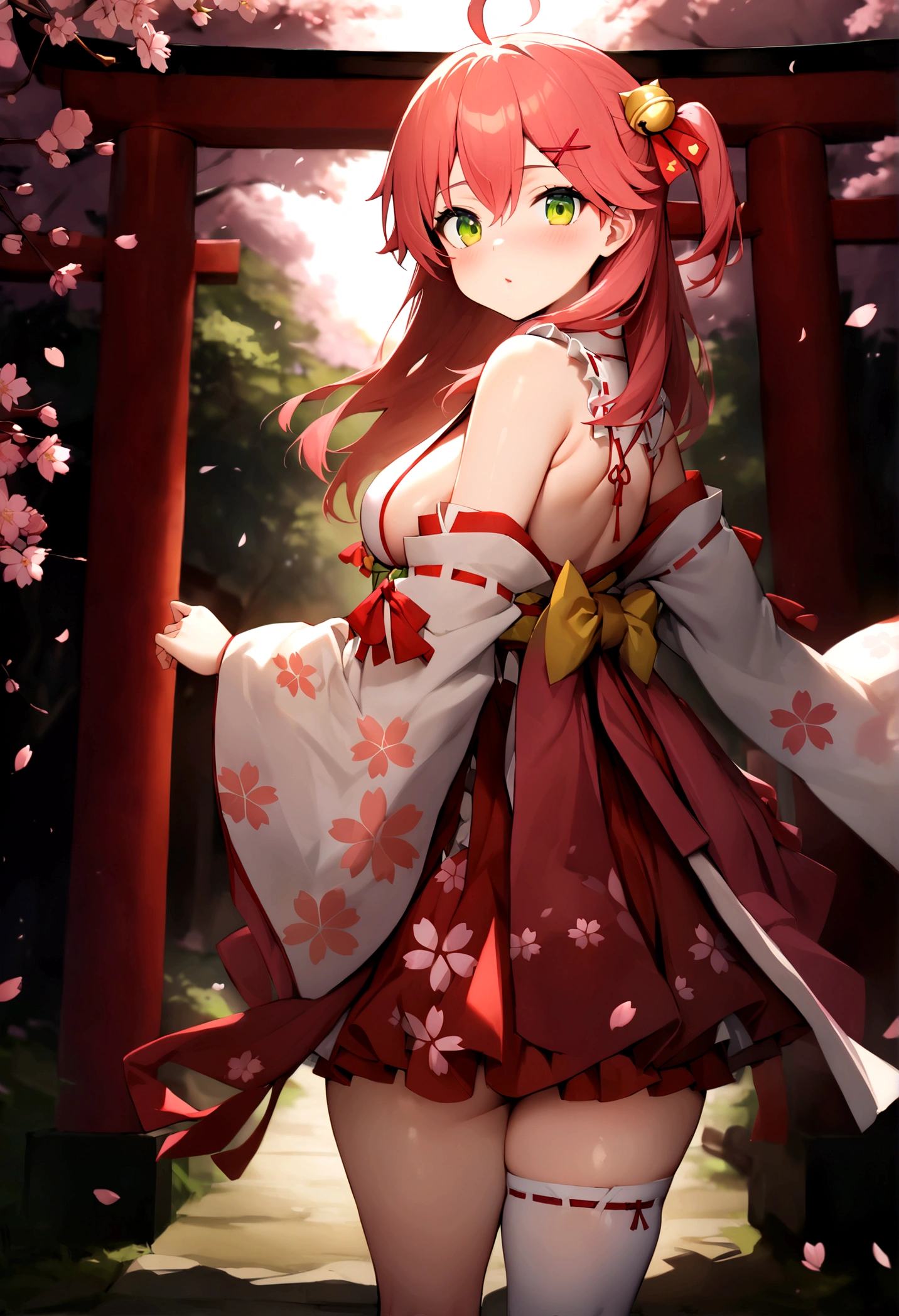 ((masterpiece,best quality)),1girls, cherry blossoms, day, flower, japanese clothes, looking at viewer, looking back, outdoors, standing, torii, tree, miko1, sakura miko, green eyes, solo, ahoge, x hair ornament, pink hair, single thighhigh, sideboob, hairclip, hair bell, floral print, long hair, hair between eyes, one side up, white thighhighs, asymmetrical legwear, wide sleeves