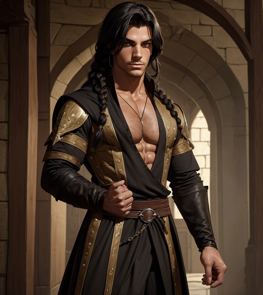 (((Solo character image.))) (((Generate a single character image.)))  1boy (((Dressed in medieval fantasy attire.))) (((Very sexy facial expression.)))  Sexy male fantasy character.  Physique like a male warrior.  Generate an exciting yet sinister male fantasy adventurer for a dark and eerie fantasy setting.  He has black hair in braids and has a sinister attire and looks like an exciting villain for a fantasy setting.  Swashbuckler fashion. Great abs.  Great male physique.  This character is human, very dangerous and looks full of mischief.  He appears about 20 years old.  Ideal physique.  Realistic image.  Looks like a male version of actress Payton Preslee.  He has a legendary beauty that makes him memorable and a pleasure to look at.  Dresses like a male gypsy.  Romani. 