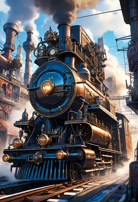 A punked steam engine, its gears and pipes adorned with graffiti and spikes, roaring through a futuristic cityscape.