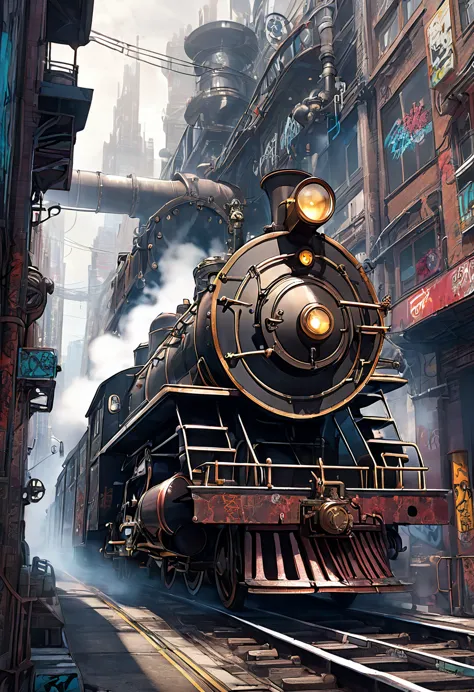 A punked steam engine, its gears and pipes adorned with graffiti and spikes, roaring through a futuristic cityscape.