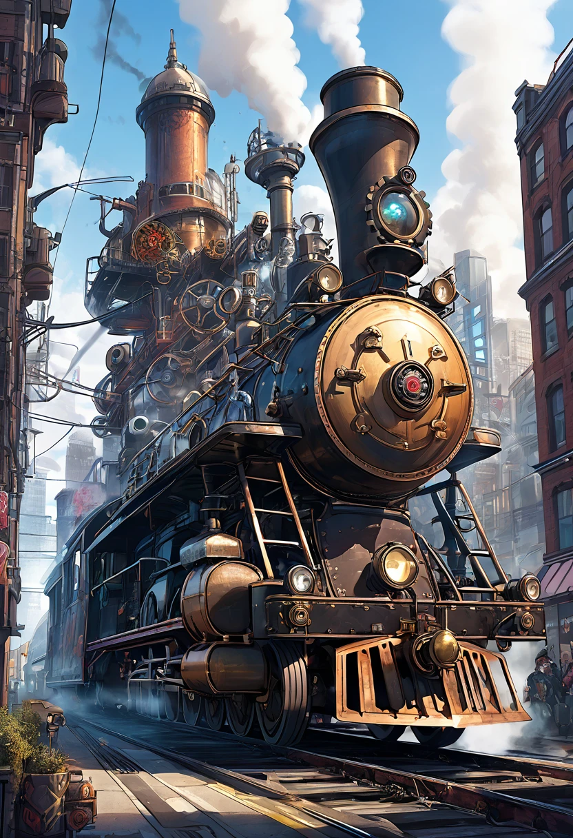 A punked steam engine, its gears and pipes adorned with graffiti and spikes, roaring through a futuristic cityscape.