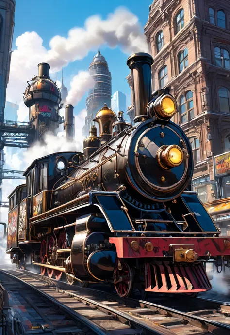 A punked steam engine, its gears and pipes adorned with graffiti and spikes, roaring through a futuristic cityscape.