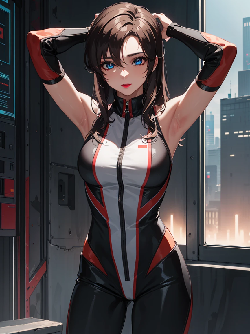 bangs,brown_hair, long_hair,red eyes,lipstick,makeup,
BREAK ((Official Outfit:1.5)), 
BREAK Cyberpunk_CityView, Before Window, standing at attention,armpits,arm up, 
BREAK (masterpiece:1.2), best quality, high resolution, unity 8k wallpaper, (illustration:0.8), (beautiful detailed eyes:1.6), extremely detailed face, perfect lighting, extremely detailed CG, (perfect hands, perfect anatomy),