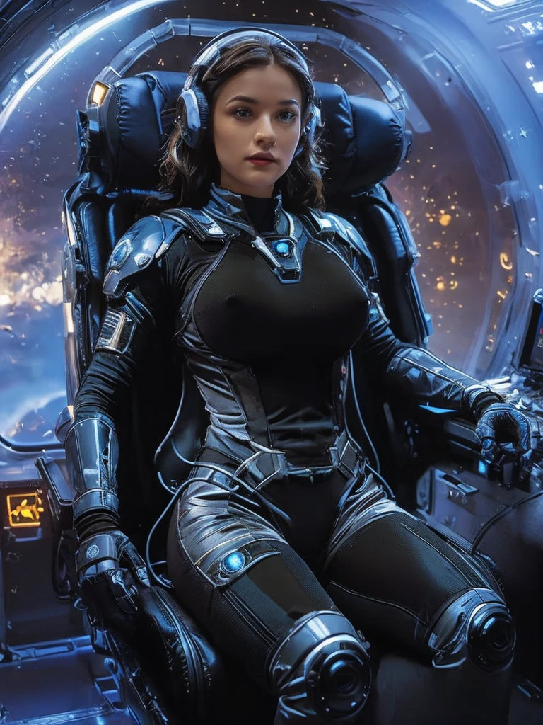 a sexy woman in a space suit sitting in a space station, gigantic breasts, beautiful woman in spacesuit, in a scifi movie, sci - fi pilot, scifi woman, sci-fi female, clothed in sci-fi military armor, on a spaceship, powerful woman sitting in space, fully space suited, in a spaceship, in spacesuit, sci - fi suit, futuristic starship crew member